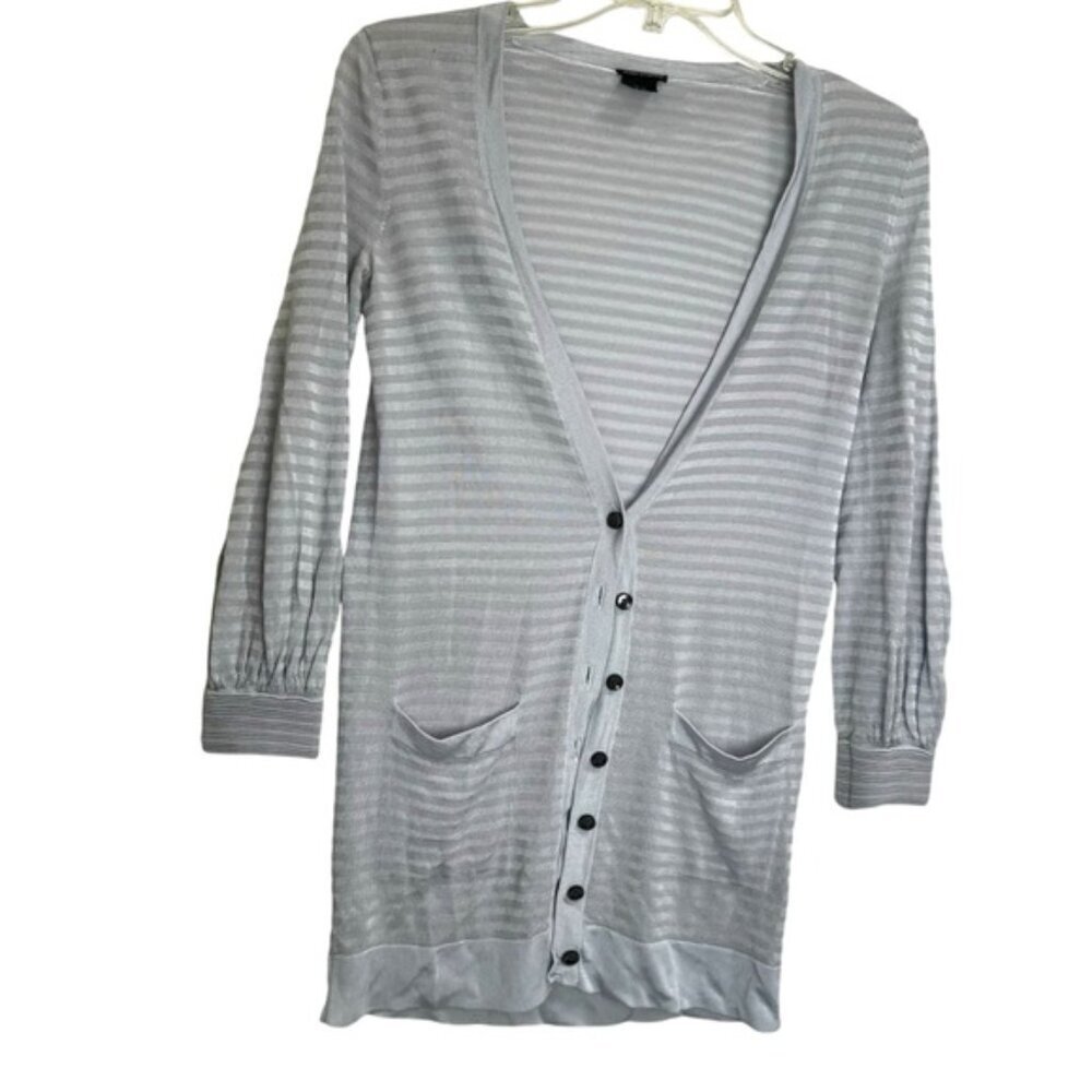 Club Monaco Wool Striped Pockets V Neck Cardigan Lightweight Sweater Knit Button